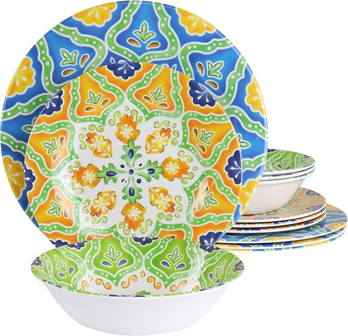 12-Piece Melamine Dinnerware Set Mandala Pattern Design Glossy Finish Shatter-Resistant Lightweight &amp Dishwasher Safe Ideal for Outdoor Picnic Camping &amp Household Daily Use
