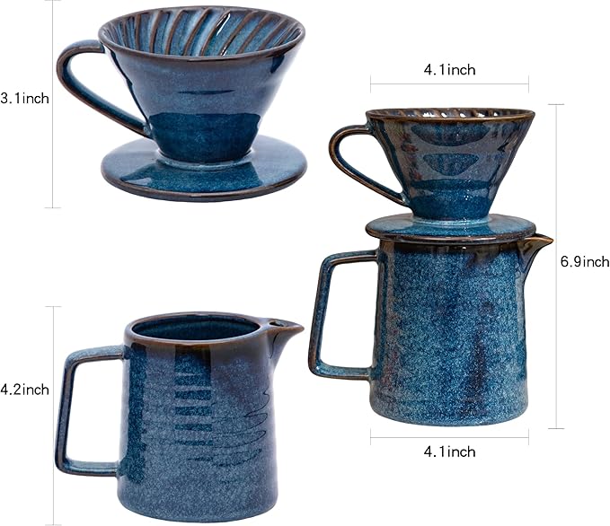 Topadorn Pour Over Coffee Maker Set 13 Oz Ceramic Coffee Maker &amp Pour Over Coffee Dripper Reusable Drip Coffee Maker for Café Restaurant Home Camping Blue