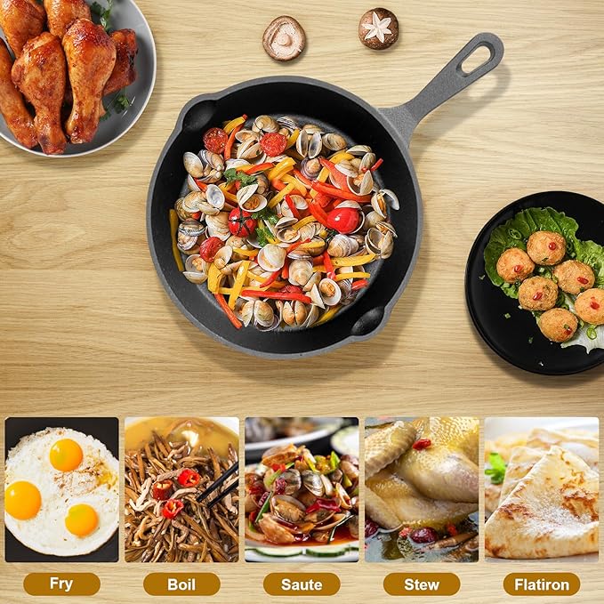 Nonstick Frying Pan Set - 3 Pcs Cast Iron Cooking Pans Dishwasher Safe Prevents Sticking Multifunctional Egg Pan with Longer Handle for All Stove Types