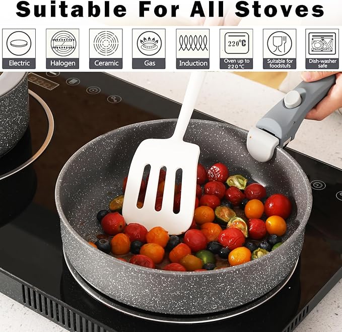 Non Stick Pot and Pan Set with Removable Handle Ceramic Cookware Set Detachable Handle Induction Kitchen Camping Stackable Pots Pans Dishwasher/Oven Safe Grey