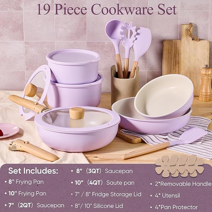 CAROTE Pots and Pans Set Non Stick Cookware Sets 19pcs Kitchen Set Oven/Fridge Safe Space Saving Pots Set Nonstick Set with Versatile Removable/Detachable Handle Induction RV Set Purple