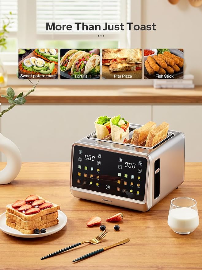 Yabano 4-Slice Toaster with Smart Touch Control 6 Shade Levels &amp 6 Bread Settings Extra Wide Slot for Bagels/English Muffins Compact Design with Removable Crumb Tray