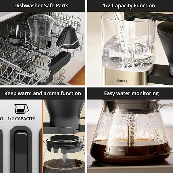 KRUPS Essential Brewer 8 Cup Drip Coffee Maker Machine SCA-Certified Blooming Technology Barista-Quality Pour Over Coffee Machine Easy to Clean Stainless Steel Design Silver