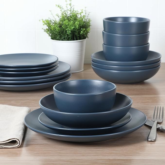 Gibson Home Queenslane 16-Piece Matte Blue Stoneware Dinnerware Set – Double Bowl Plates and Bowls Durable Kitchen Dinner Set