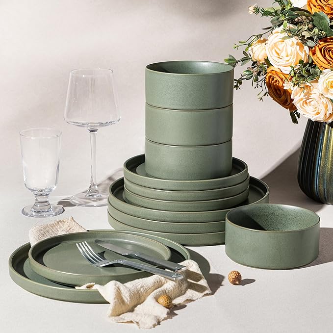 LERATIO Ceramic Dinnerware Sets for 4 High Edge Stoneware Plates and Bowls Set Chip and Crack Resistant | Oven &amp Dishwasher &amp Microwave Safe Dishes Set Service for 4 -Green