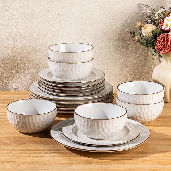 GBHOME Ceramic Dinnerware Sets18 pcs Embossed Elegant Stoneware Plates and Bowls Sets Housewarming Wedding Gift | Dishwasher &amp Microwave Safe | Dishes Set Service for 6