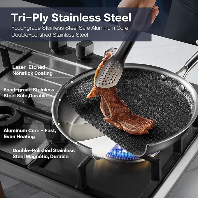 Non Stick Frying Set 8 10 and 12-Inch Hybrid Non Toxic Fry Pan Skillet with Lids Dishwasher and Oven Safe Induction Ready Silver Kitchen Cookware set (7-Pcs Pan Set)