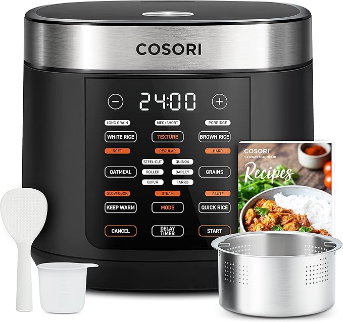 COSORI Rice Cooker Maker 18 Functions Multi Cooker Stainless Steel Steamer Warmer &amp Air Fryer TurboBlaze 6.0-Quart Compact Airfryer that Roast Bake Proof 9 Functions