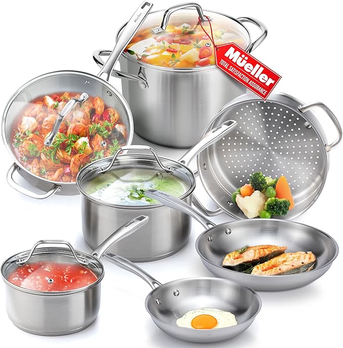 Mueller Pots and Pans Set 11-Piece Ultra-Clad Pro Stainless Steel Cookware Set Ergonomic and EverCool Stainless Steel Handle Includes Saucepans Skillets Stockpot Saute Pan Steamer