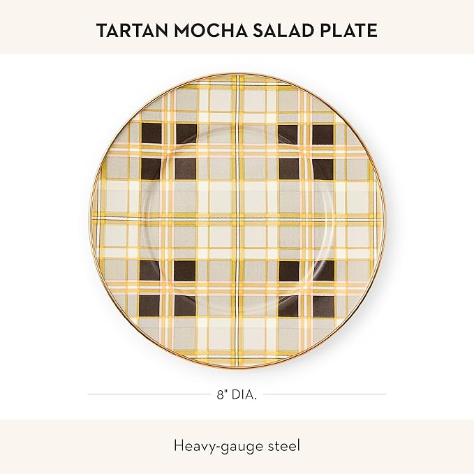 MACKENZIE-CHILDS Enamel Salad and Dessert Plate Small Plate for a Dessert or Appetizer Dish 8 Inches Brown-and-White Tartan Mocha
