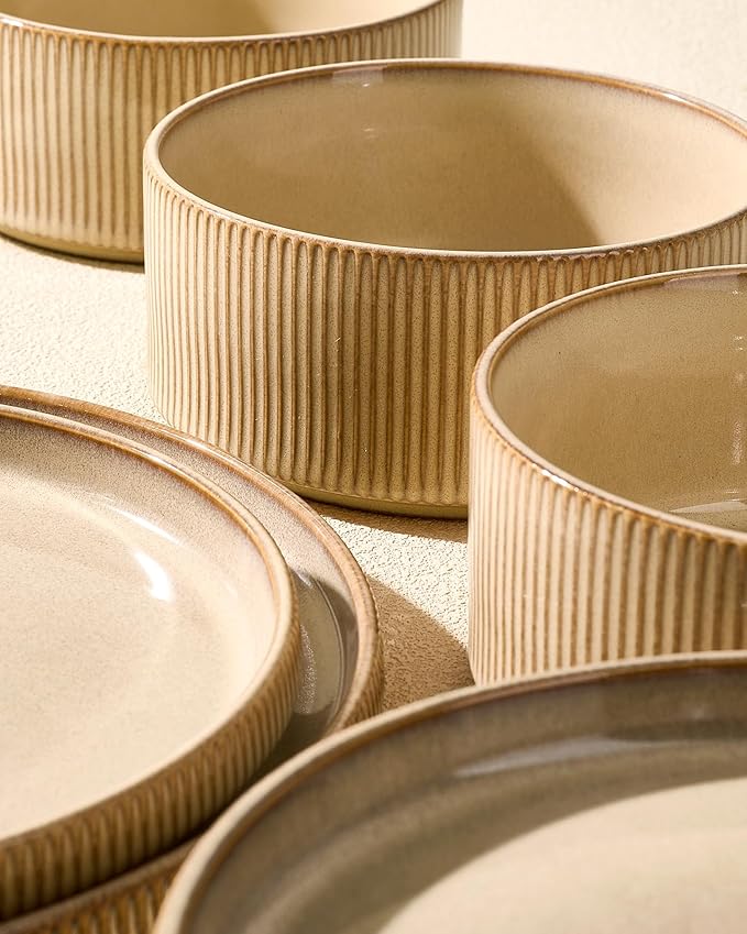24-Piece Dinnerware Set Service for 8 Famiware Premium Stoneware Dish Set with Ribbed Plates and Deep Bowls Double Reactive Glaze Chip &amp Scratch Resistant Microwave &amp Dishwasher Safe Crea