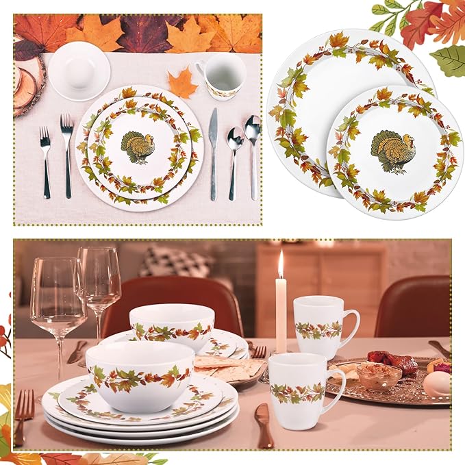 16 Pcs Thanksgiving Dinnerware Sets for 4 Rustic Autumn Tableware Fall Thanksgiving Salad Plate Harvest Soup Cereal Bowl Mug Dinnerware Sets with Berry Fall Maple Leaves Turkey Service