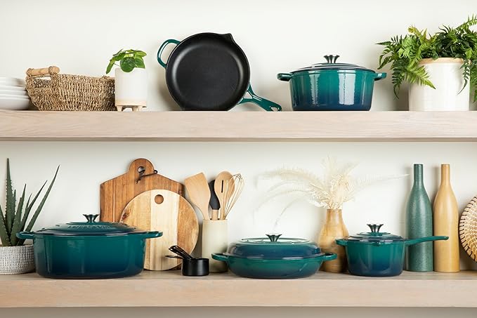 Larder &amp Vine 4-Piece Enameled Cast Iron Cookware Set: 8 Quart Dutch Oven with Lid 3.6 Quart Braiser with Lid Cast Iron Cookware with Oversized Handles Oven Safe up to 500°F (Bondi)