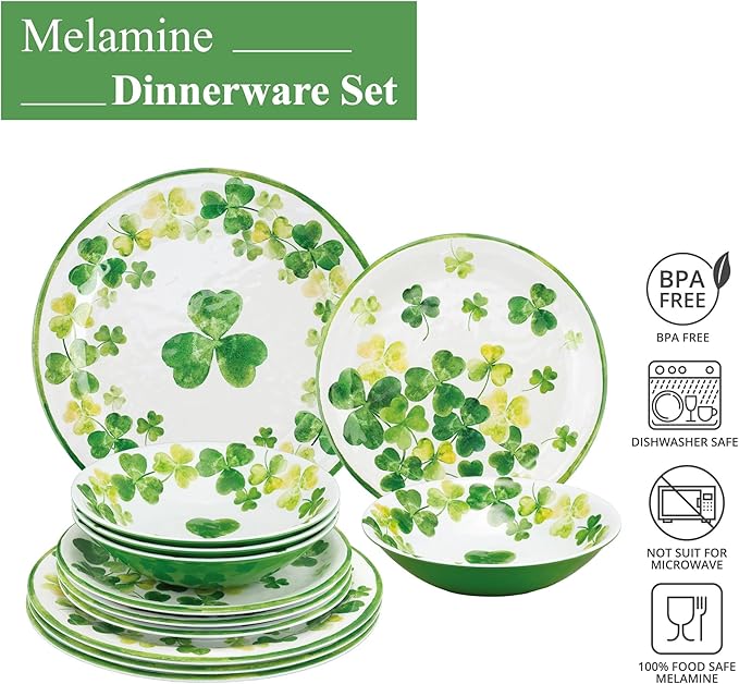 UPware 12 Piece Shamrocks Melamine Dinnerware Sets Outdoor Dishes Set Plates and Bowls Sets St. Patrick's Day Decorations Service for 4 Green