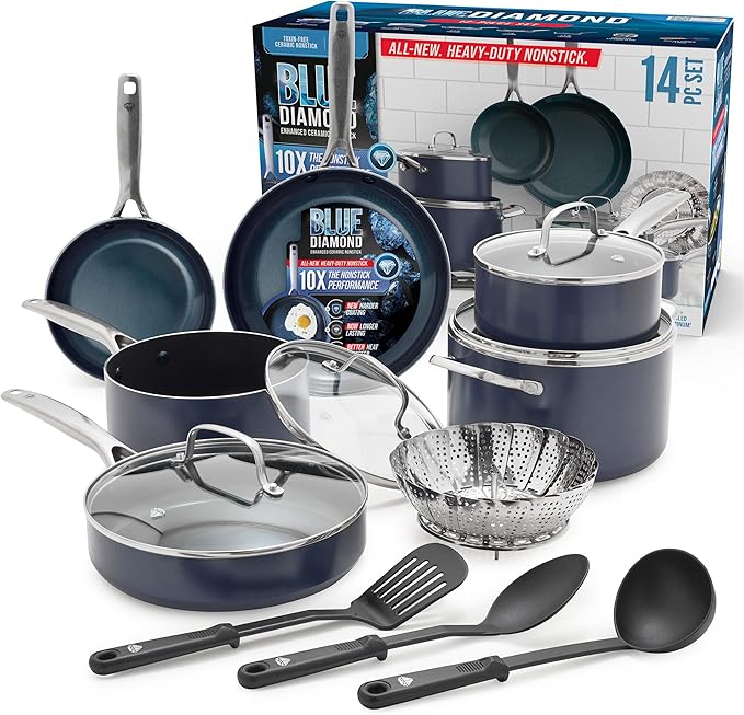 Blue Diamond 14 Piece Nonstick Cookware Set Diamond Ceramic Pots &amp Pans Dishwasher &amp Metal Utensil Safe Non Toxic PFAS-Free Kitchen Cooking Sauce &amp Saute Pans Oven &amp Broiler to 60