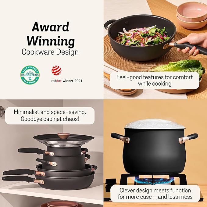Meyer 6pc Stackable Set with Universal Lids | Hard Anodized Non Stick and Stainless Steel Pots and Pans | Induction Compatible | Dishwasher Safe | Oven Safe | Red Orange Yellow | Accent Cookware