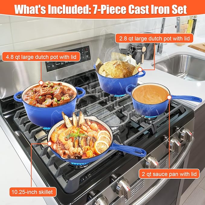 Enameled Cast Iron Cookware Set 7-Pcs Pots and Pans with Lid Skillet Frying Pan Saucepan &amp Dutch Oven for All Stovetops PFA Free - Ideal for Sourdough Bread Baking Cobalt Blue