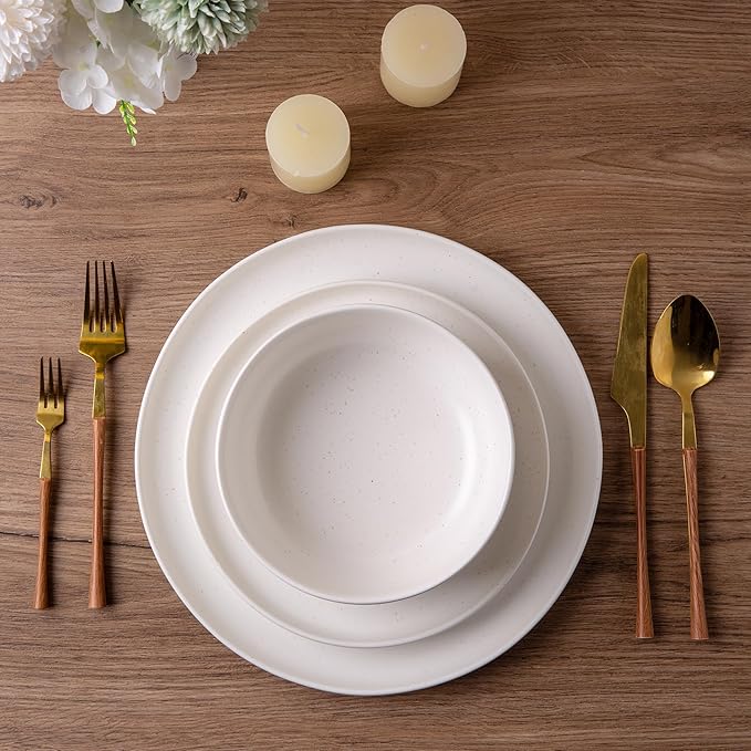 AmorArc Ceramic Dinnerware Sets Wavy Rim Stoneware Plates and Bowls SetsDishwasher &amp Microwave &amp Oven Safe Dishes set Service for 4 (12pc)-Matte Speckled White