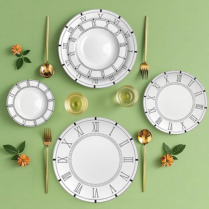12 Piece Roman Clock Pattern Porcelain Dinnerware Set Luxury Dishes Set for 6 Dishwasher Safe Great for Party Wedding Housewarming and Hotel