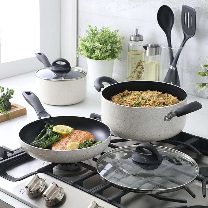 Oster Clairborne 7 Piece Aluminum Premium Nonstick Pots and Pans Cookware Set W/Induction &amp Bakelite Stay Cool Handle - White W/Speckle