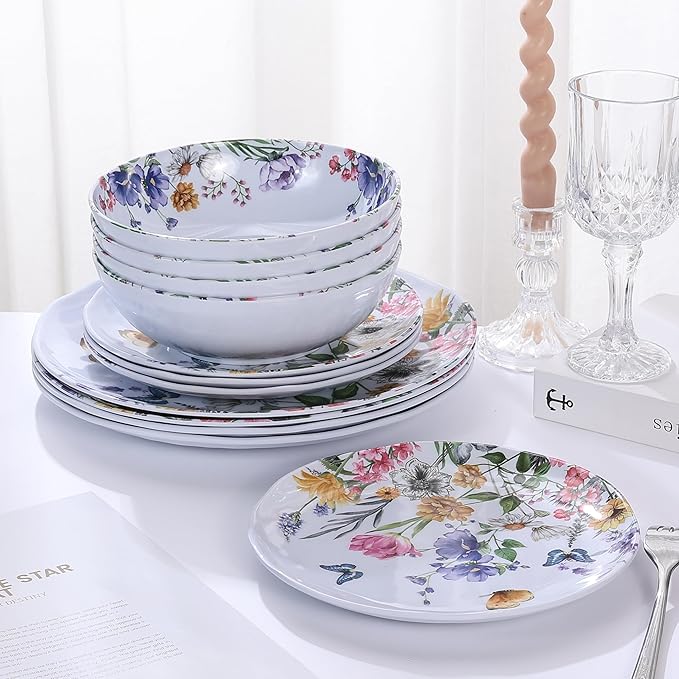 12 Piece Melamine Dinnerware Sets - Plates And Bowls Sets Floral Dinnerware Sets- Spring Camping Dishs Indoor Outdoor UseFlowers And Butterflies Pattern