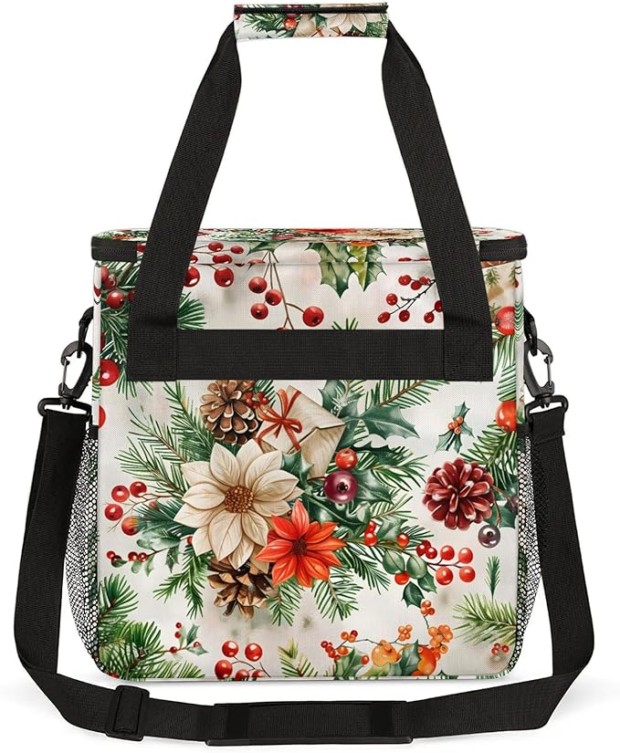 Flowers Leaves Berries Branches Christmas Coffee Maker Carring Bag Large Insulated Storage Organizer Case Tote Bags with Shoulder Strap for Travel Work Picnic