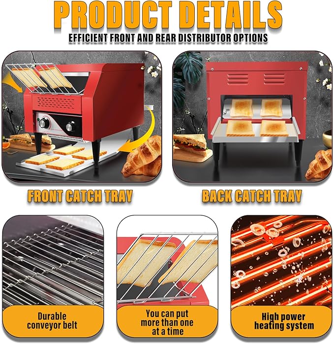 Commercial Conveyor Toaster 300 Slices/Hour Red Conveyor Toaster 3 Modes/7 Speeds Stainless Steel Tabletop Toaster for Toast Bagels and Other Baked Breads