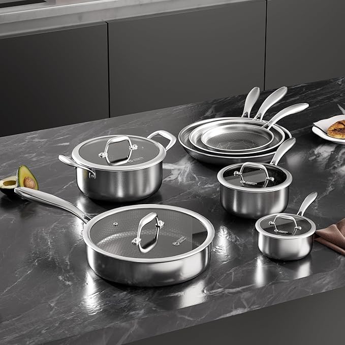 COOKER KING Stainless Steel Cookware Set 11 Pcs Pots and Pans Set Hybrid Ceramic CookwareNon-Stick Frying Pans Saucepans Saute Pan &amp Stock Pot Non-Toxic Oven Safe Induction Compatible