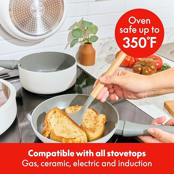 So Yummy by bella 12 Piece Cookware Set w EverGood™ Ceramic Nonstick Coating and Silicone &amp Wood Utensils Dishwasher Safe Silicone &amp Glass Lids Oven Safe &amp All Stovetop Compatible Fros