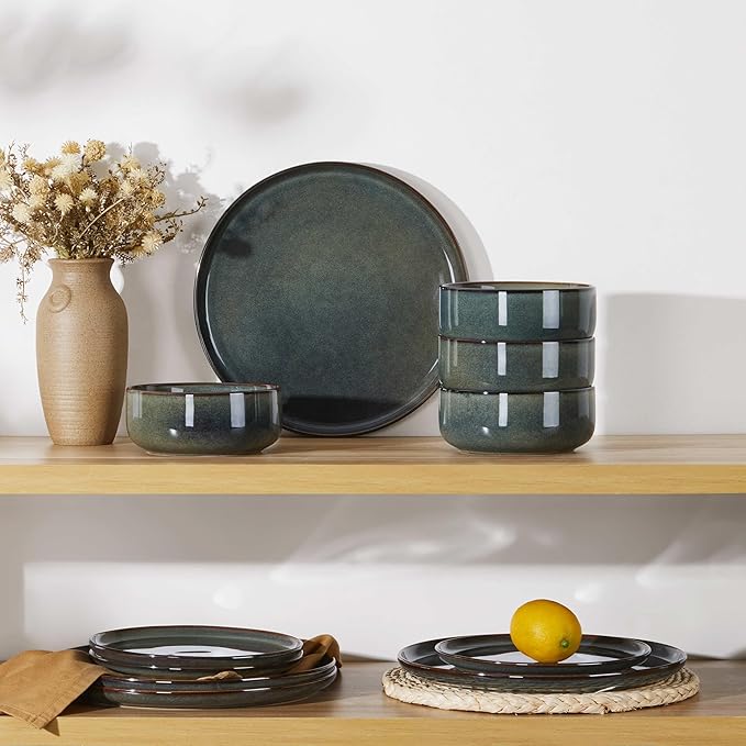 Herogo 12 Pieces Square Stoneware Dinnerware Set Service for 4 Dinner Plates and Bowls Sets Double Reactive Glaze Dishes Set for Kitchen Scratch Resistant Dishwasher Safe Moss Green