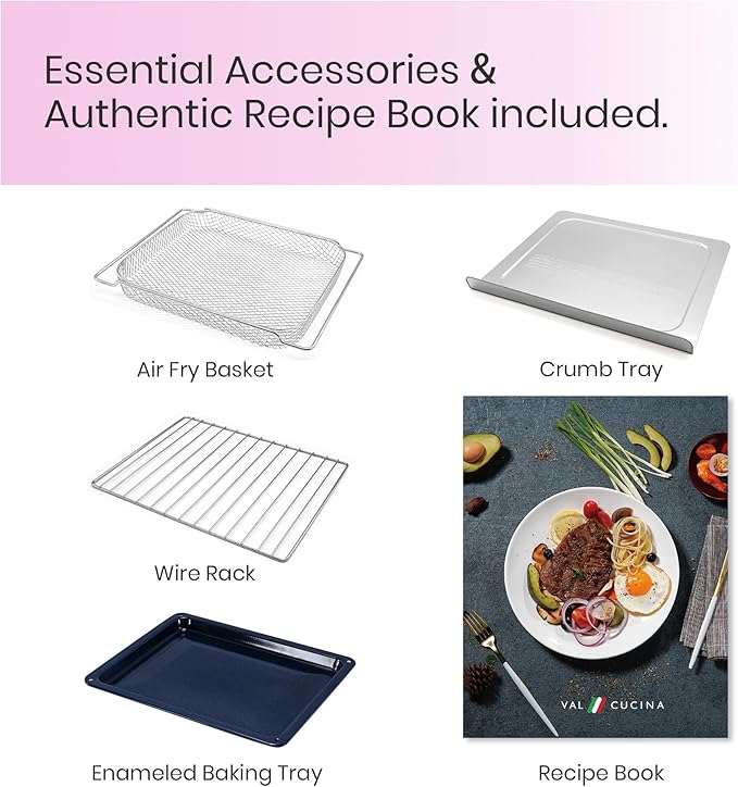 VAL CUCINA Retro Style Infrared Heating Air Fryer Toaster Oven Extra Large Countertop Convection Oven 10-in-1 Combo 6-Slice Toast Enamel Baking Pan Easy Clean with Recipe Book Classic Pink Color