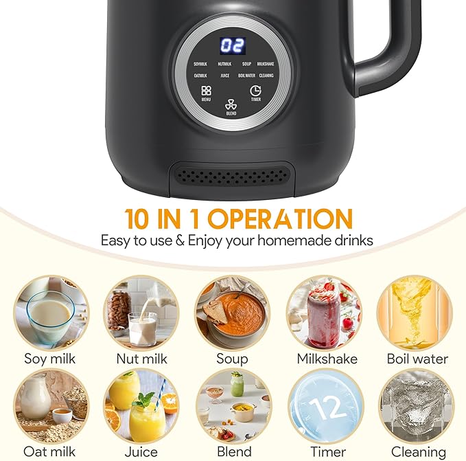 40oz Nut Milk Maker Machine 10 in 1 Automatic Soy Milk Maker for Homemade Almond Oat Soup Plant-Based Soybean Machine with Delay Start/Keep Warm/Boil Water/Self Cleaning/Quiet Blender Black