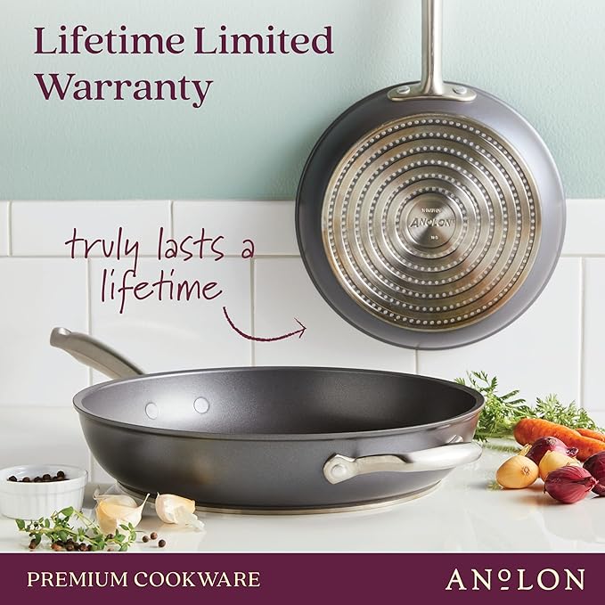 Anolon Accolade Forged Hard Anodized Nonstick Deep Frying Pan / Skillet with Helper Handle and Lid 12 Inch - Moonstone Gray