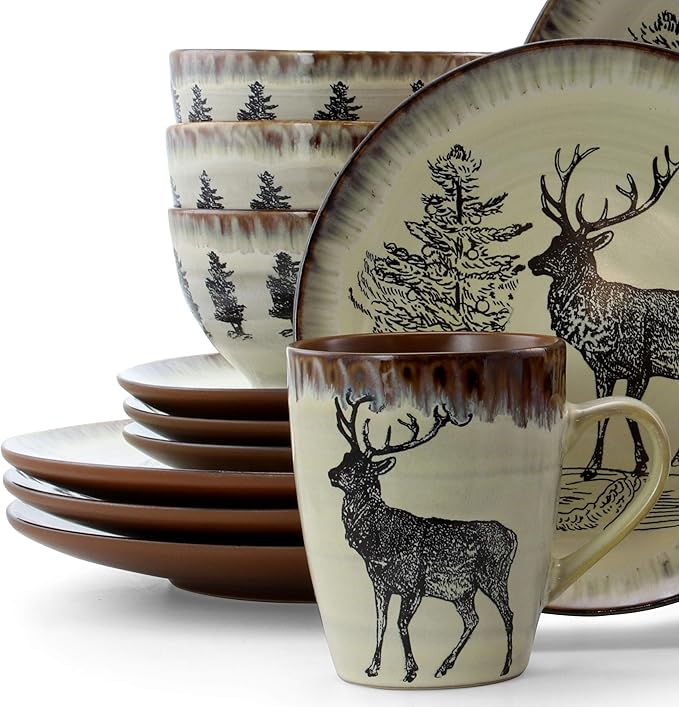 Unknown1 Moose Piece Round Stoneware Dinnerware Set in Taupe Beige Animal Casual 16 Microwave Safe Brown Medium