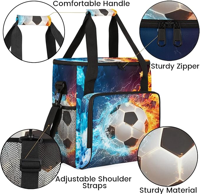 Football Ball Flame Coffee Maker Carring Bag Large Insulated Storage Organizer Case Tote Bags with Shoulder Strap for Travel Work Picnic
