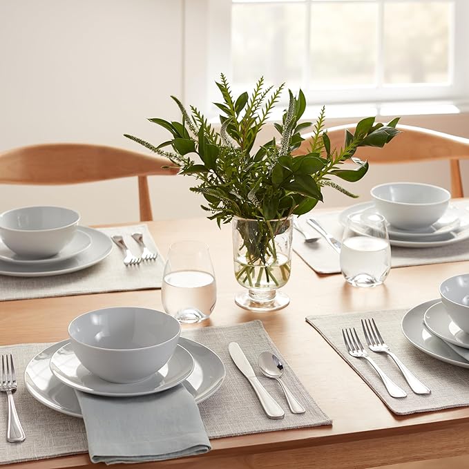Amazon Basics 18-Piece Complete Kitchen Dinnerware Set Microwave and Dishwasher Safe Plates Dishes Bowls for Everyday Use Service for 6 White Porcelain Coupe