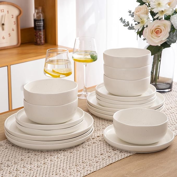 AmorArc Ceramic Dinnerware Sets Wavy Rim Stoneware Plates and Bowls SetsDishwasher &amp Microwave &amp Oven Safe Dishes set Service for 4 (12pc)-Matte Speckled White