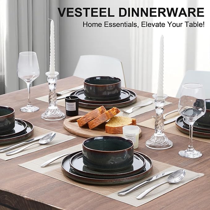 Vesteel Dinnerware Set for 4 12-Piece Stoneware Ribbed Dishes with Reactive Glaze Ceramic Plates and Bowls Set for Home Restaurant Chip &amp Scratch Resistant - Blackish Green