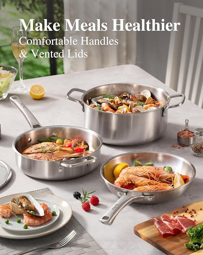 Stainless Steel Cookware SetTir-Ply Pots and Pans Set13 Pcs Stainless Steel Induction Kitchen Cookware SetsPFOA Free Frying Pans Butter warmerSaute Pan &amp Stock PotCompatible with All Cookto