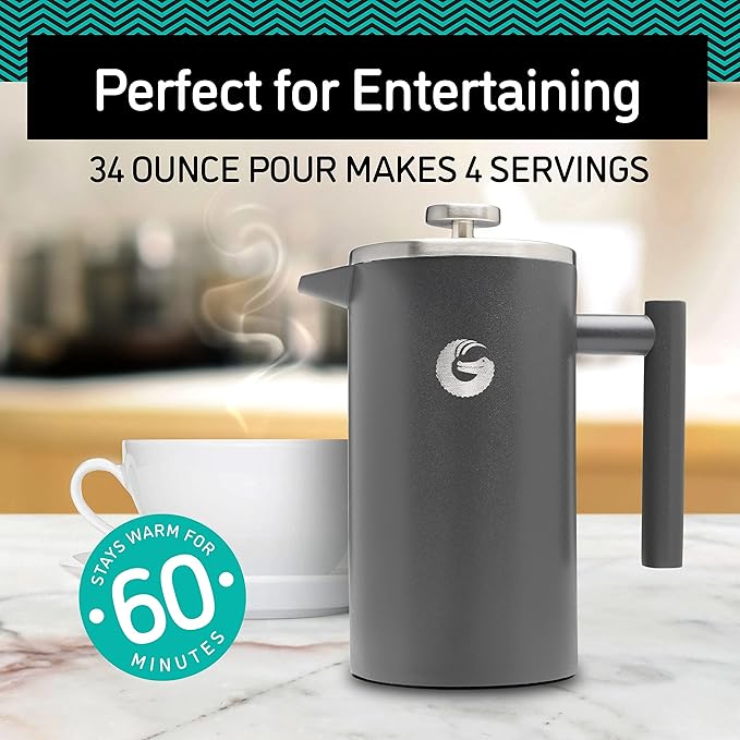 Coffee Gator French Press Coffee Maker 34oz Silver and Coffee Canister - 22oz Airtight Stainless Steel Kitchen Food