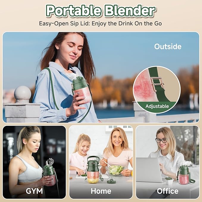 Portable Blender Prasky Personal Blenders for Shakes and Smoothies with 27oz Cup Lid and Shoulder Strap Type-C USB Rechargeable Personal Size Blenders BPA-free for Travel/Kitchen(Green)