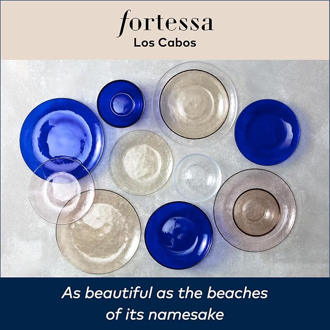 FORTESSA Los Cabos Tableware 16-Piece Glass Dinnerware Set with 4 Dinner Plates 4 Salad Plates 4 Coupe Bowls and 4 Cereal Bowls Dishwasher-Safe Glass Plate Set Pink