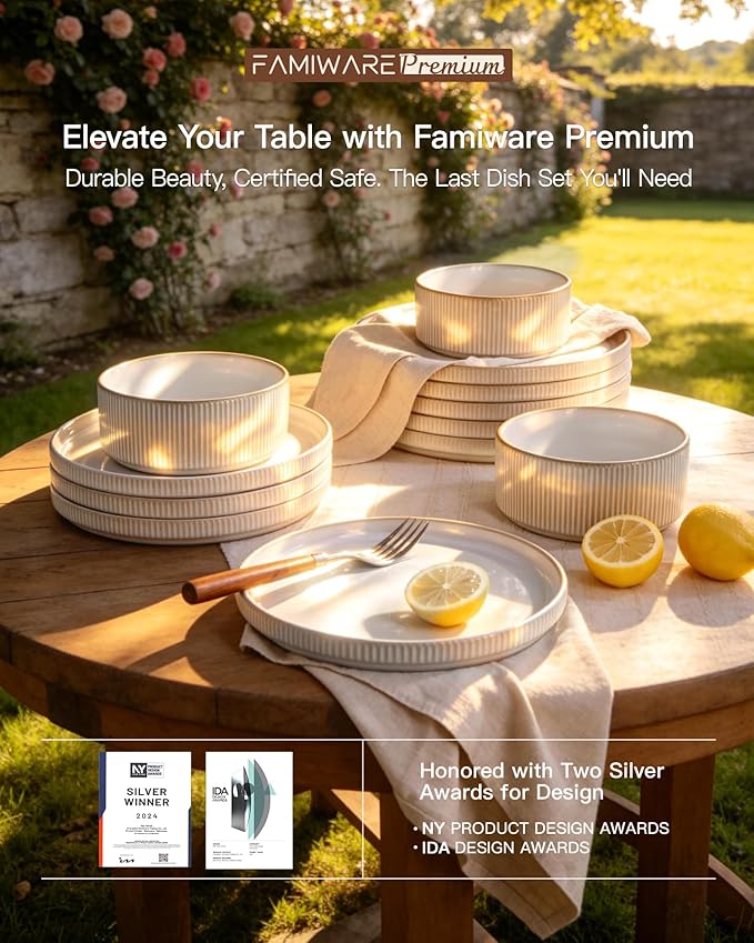 Stoneware Plates and Bowls Dishes Sets for 6 (18-Piece) Famiware Premium Handcrafted Reactive Glaze Dinnerware Set with Raised Rim Scratch Resistant Microwave Dishwasher Safe Cappuccino White