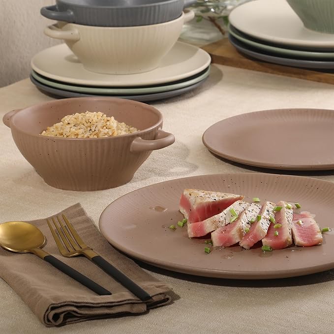 Gibson Elite Clover Hill 12-Piece Stoneware Dinnerware Set – Assorted Colors in Sage Green Charcoal Taupe &amp Cream – Embossed Reactive Glaze Plates &amp Bowls Microwave &amp Dishwasher Safe S