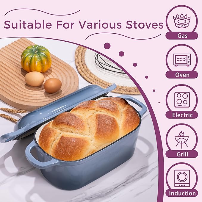 4.6-Quart Oval Dutch Oven for Bread Baking 2 in 1 Enameled Cast Iron Bread Pan with Lid Sourdough Bread Dutch Oven for a Crispy Crust Seasalt