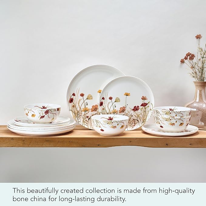 Mikasa Meadow Serenade 12 Piece Floral Bone China Durable Chip Resistant Lightweight Dinnerware Set Service for 4