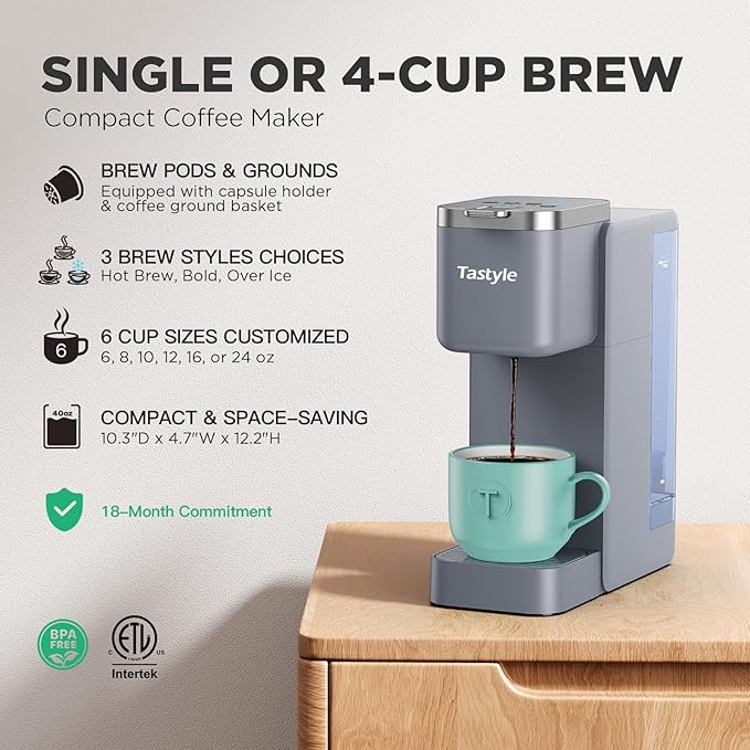Single Serve Coffee Maker Iced and Hot Coffee Machine for K Cup &amp Grounds Compact Design 40oz Removable Water Reservoir 6 to 24 Oz Brew Sizes Fits 7.3 Travel Mug Gray