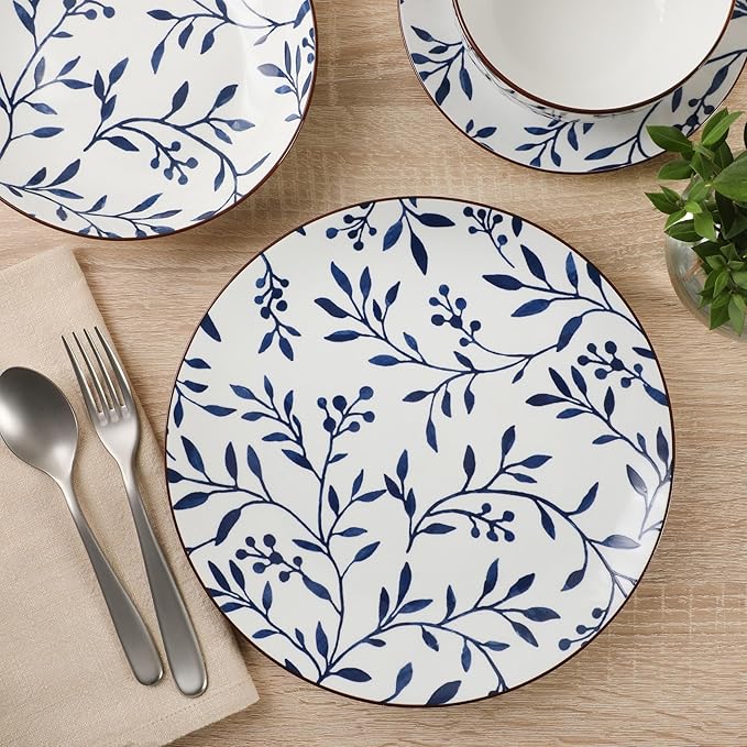 Gibson Home Palace Suite 16-Piece Dinnerware Set Blue Floral Stoneware Plates &amp Bowls Service for 4 Round Durable Everyday Dish Set