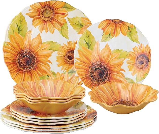 UPware 12 Piece Sunflower Melamine Dinnerware Sets Outdoor Dishes Set Plates and Bowls Sets Service for 4 Yellow