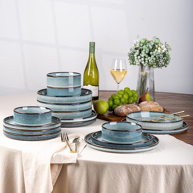 GBHOME Ceramic Dinnerware Sets for 4 12 Pieces Stoneware Plates and Bowls Sets Reactive Glaze Dishes -Scratch Resistant Dishwasher&ampMicrowave Safe